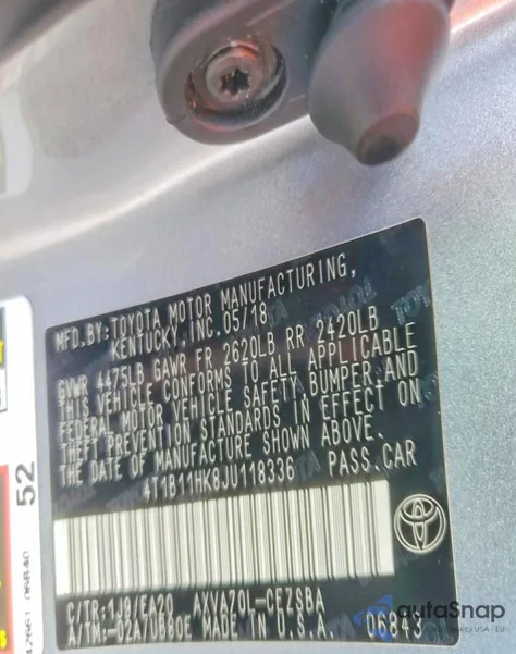 2018 Toyota Camry L z USA, uszkodzony, nr VIN 4T1B11HK8JU118336